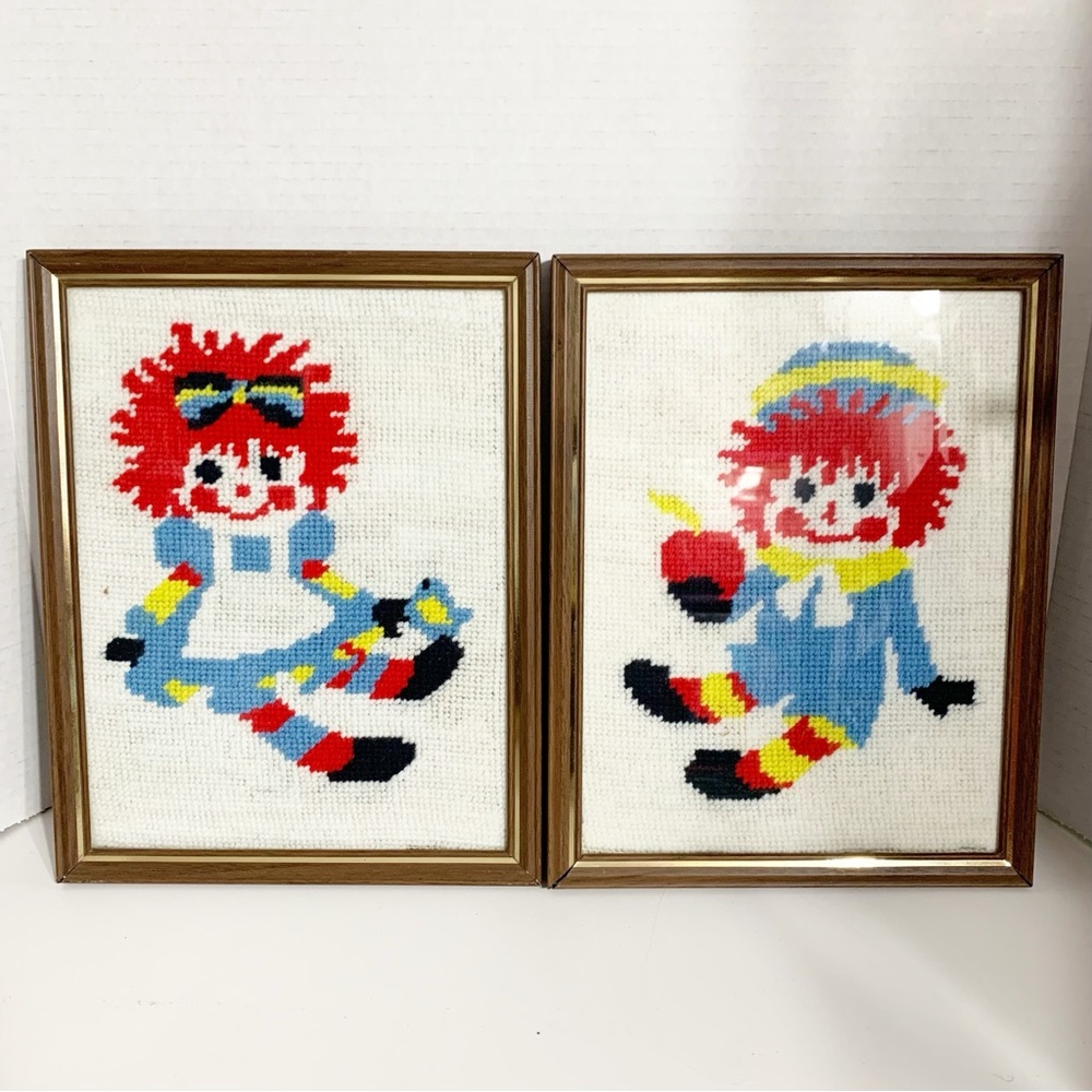 Vintage Handcrafted Set of Two Framed Raggedy Ann Andy Embroidered Walk Hangings